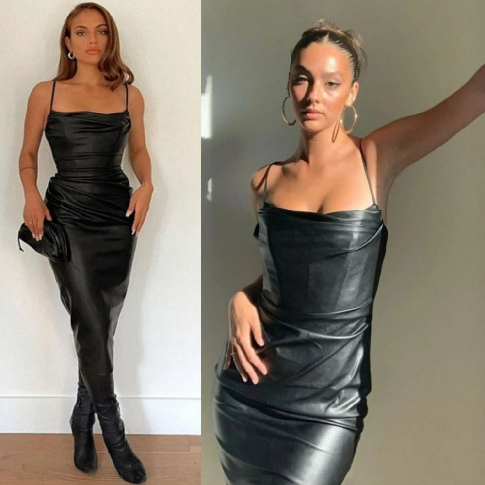 House of CB Black Faux Leather Midi Slip Dress
